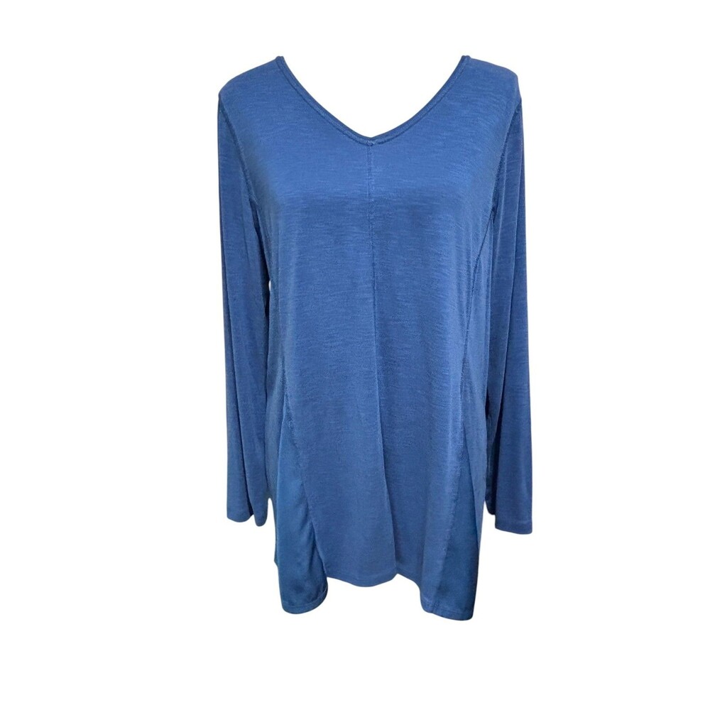 Chico's Zenergy Long Sleeve Tunic Tee Blue Sz 12 Flared Satin Panels